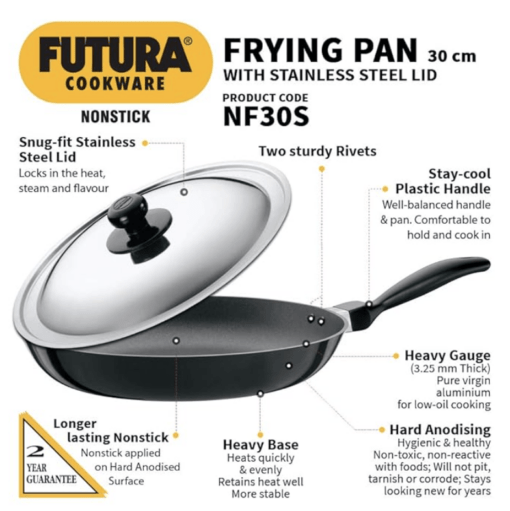 Hawkins Futura 30 cm Frying Pan, Non Stick Fry Pan with Stainless Steel Lid, Big Frying Pan, Black (NF30S) - Image 4
